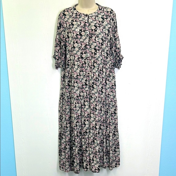 Natural Life - Colorful Floral Short Sleeve Tiered Half Button Maxi Dress Medium - Picture 1 of 13